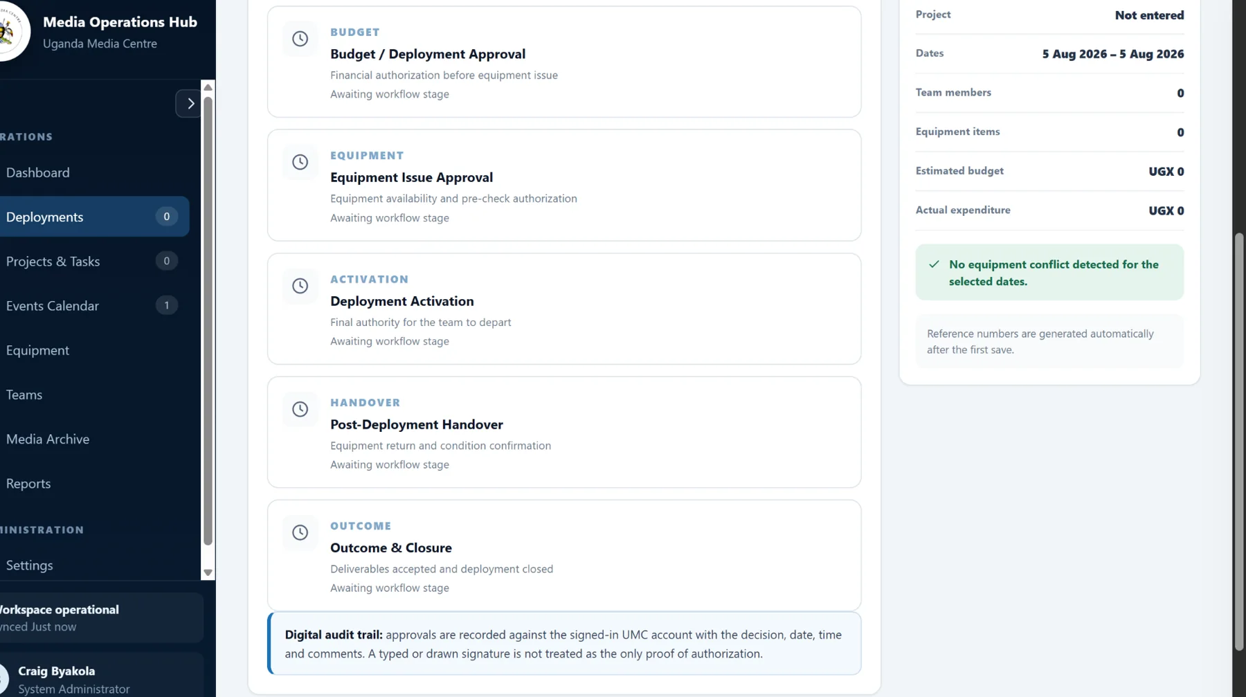 Media Operations Hub development capture showing deployment approval and handover stages